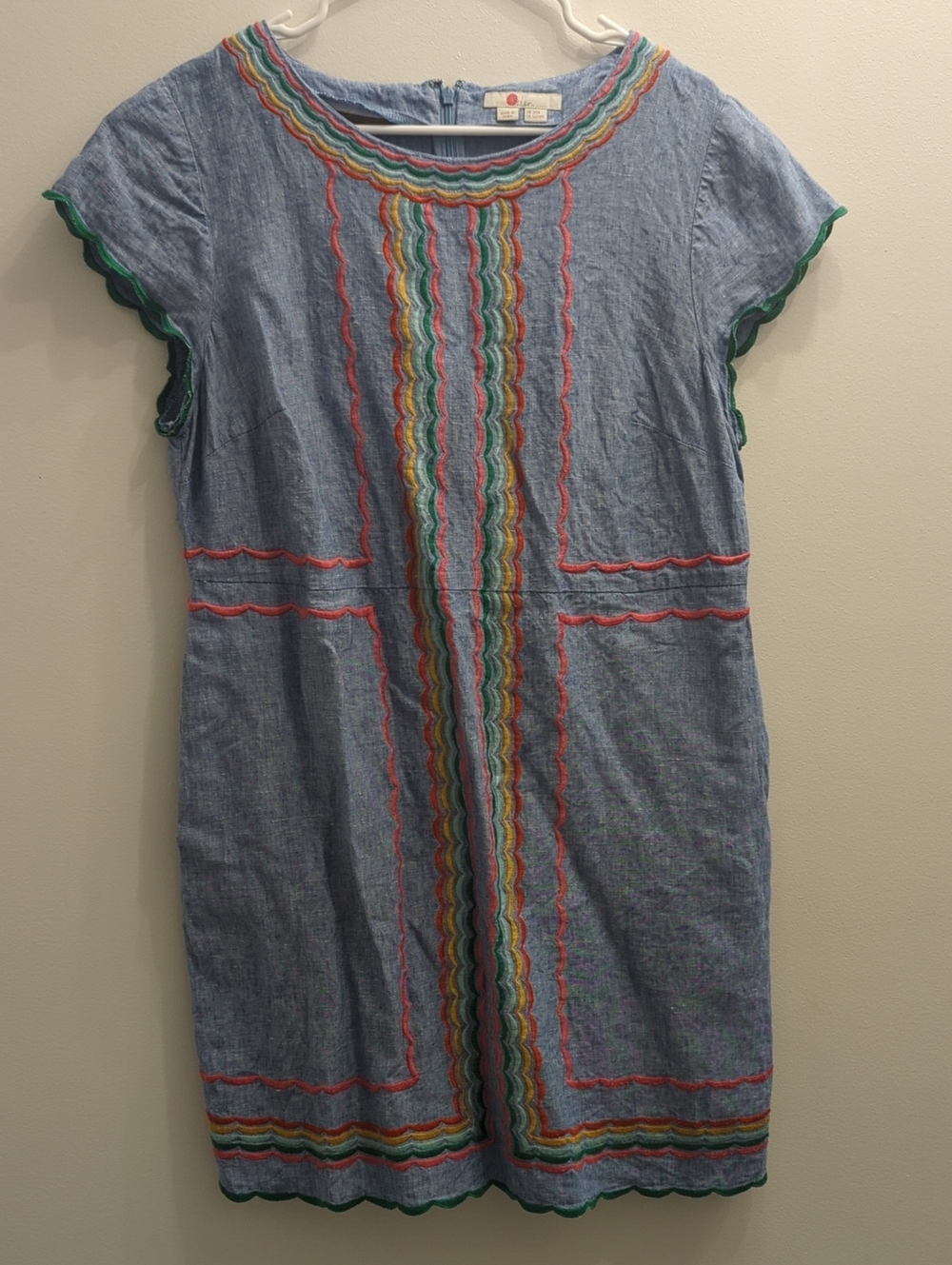 Boden Linen Embroidered Rainbow Trim Dress, Women's US 16/18R